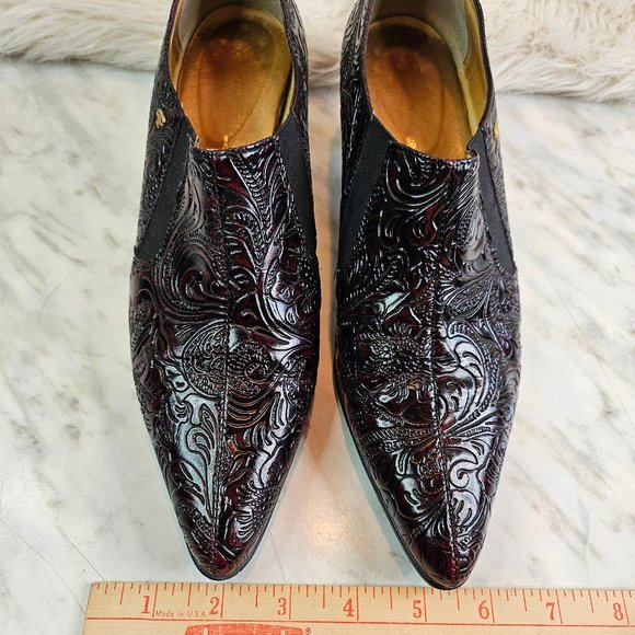 VTG Pertti Palmroth Women's Burgundy Leather Embossed Point Toe Ankle Boots 6 - Picture 2 of 15